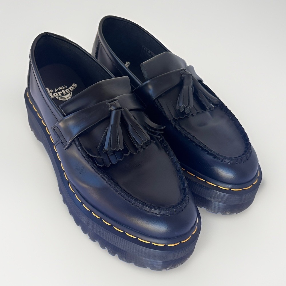 Dr Martens Adrian Quad Loafers Womens 10 Mens 9 Black Leather Platform Tassel